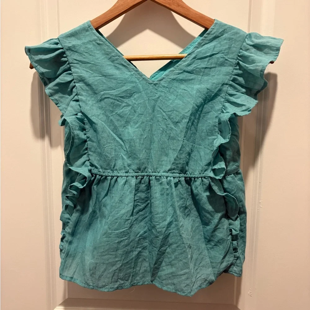 Chelsea & Violet Turquoise Ruffle Button-Front Blouse - Picture 5 of 5